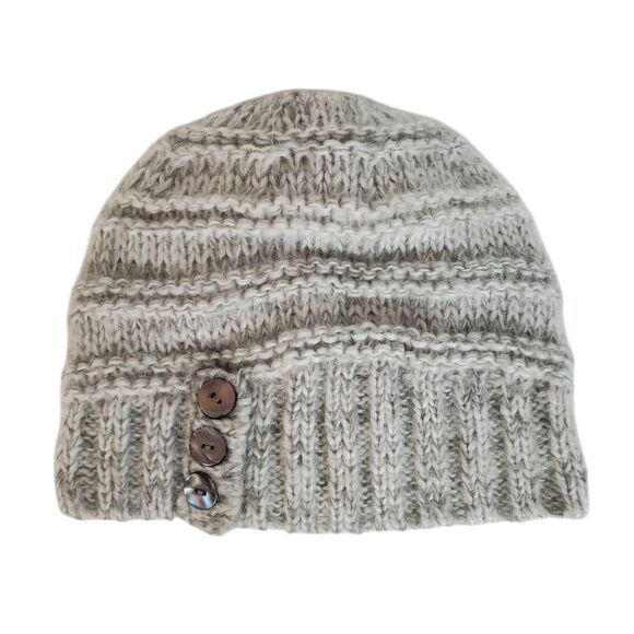 Screamer Hand Knit Space Dye Fleece Lined Button Beanie Hat White Gray One Size - Picture 9 of 9